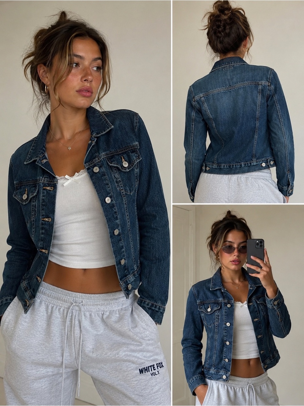 Lands End Y2K Medium Wash Cropped Denim Trucker Jacket Grunge Casual Layering M